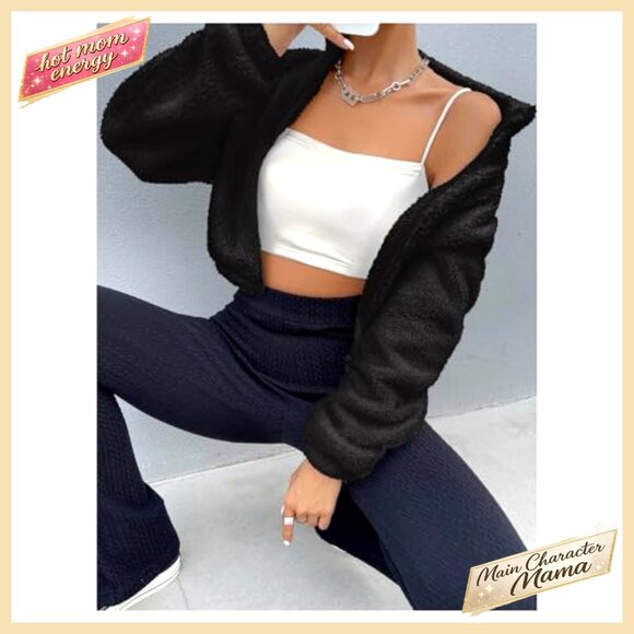 Faux Fur Cropped Jacket with Full Zip, Drop Shoulder, Long Sleeve - Picture 4 of 5